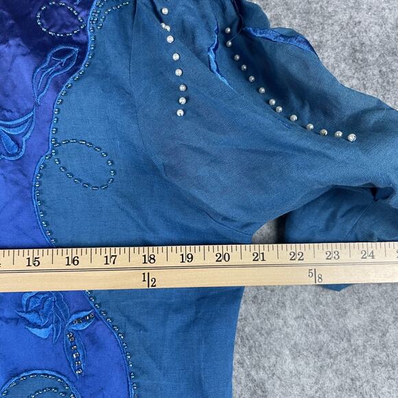 Vintage Bellino Paris Mode Top Womens 14 Blue Ramie Embroidered Beaded Applique - Picture 5 of 14